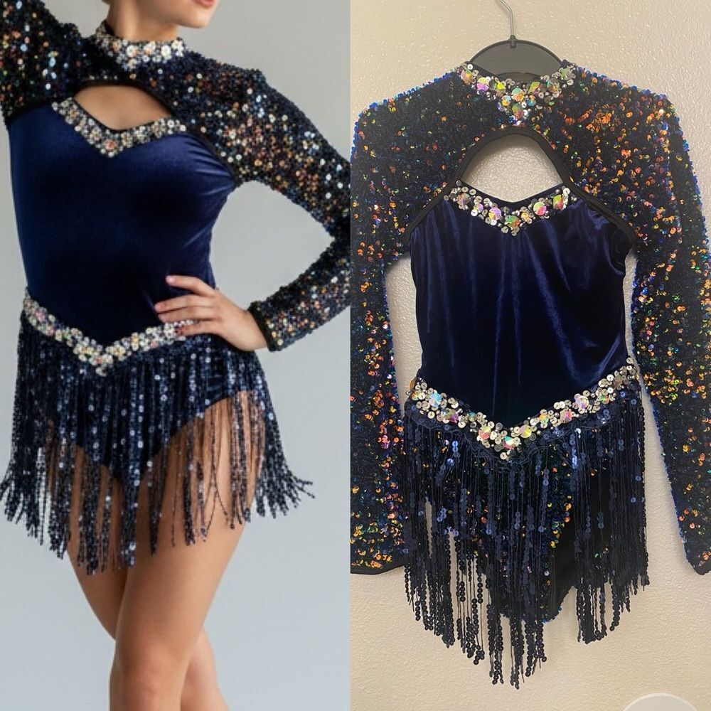 Glamour solo dance costume navy blue ice-skating dress embellished SA NEW